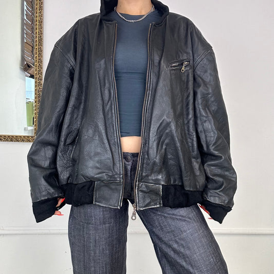 vintage black leather bomber