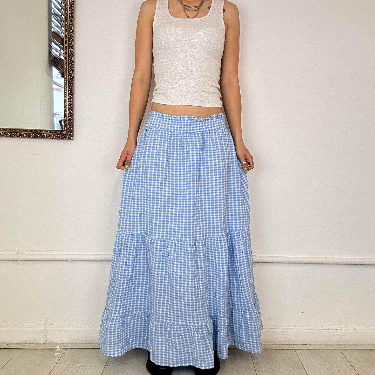 light blue gingham maxi skirt