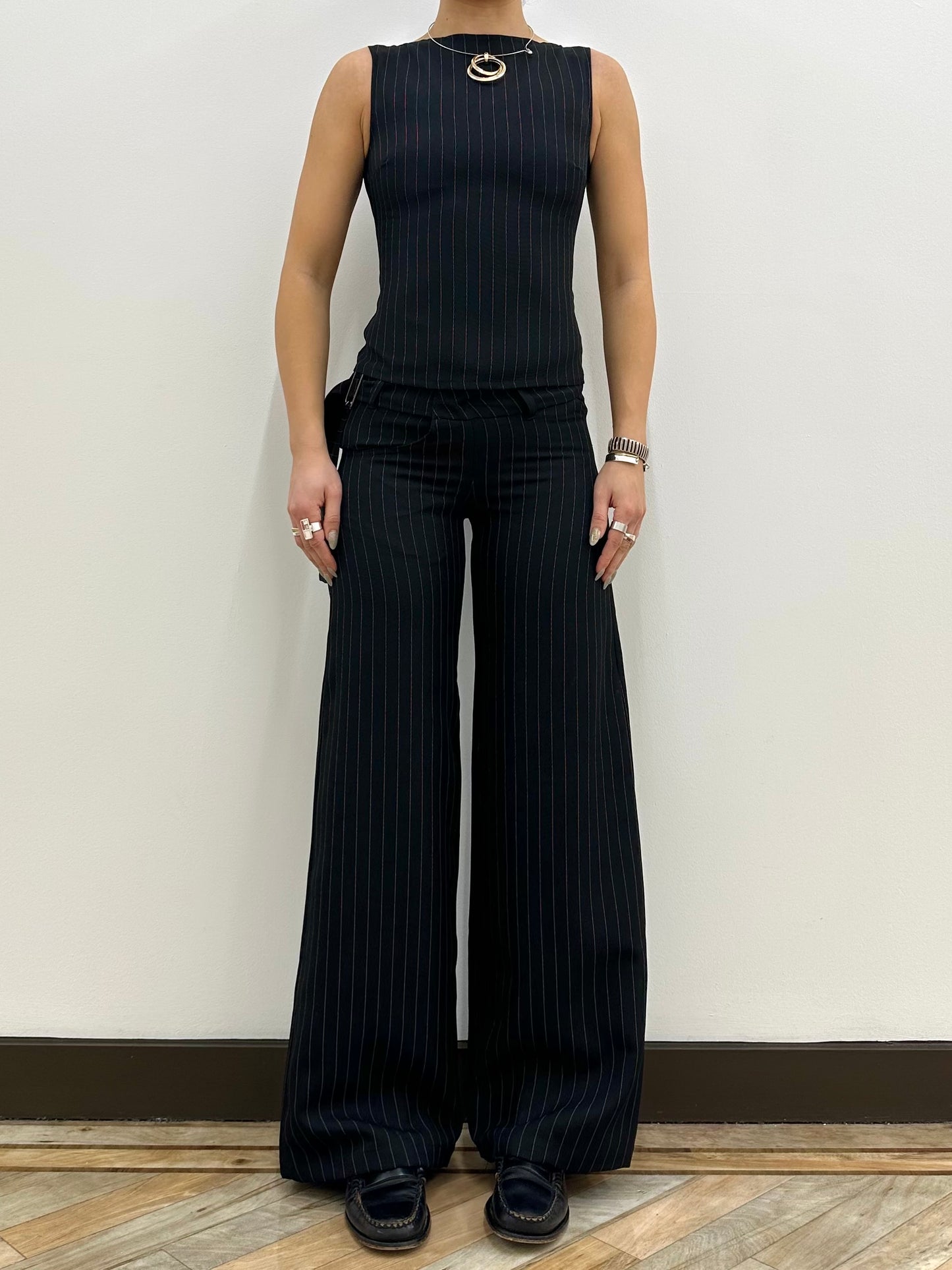 the roman trouser in black pinstripe