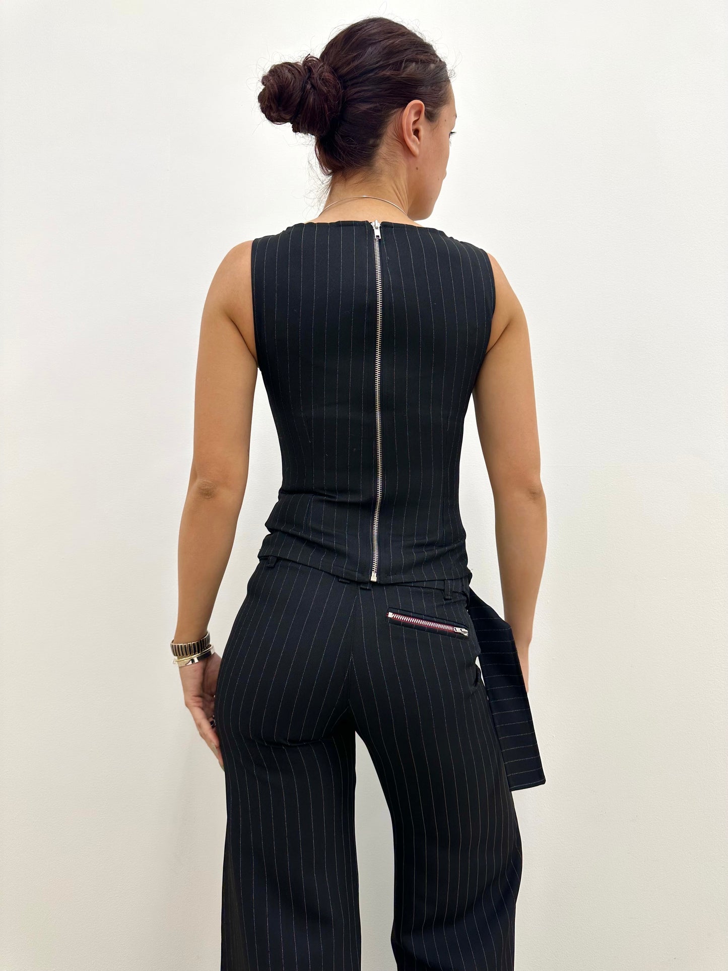 the roman trouser in black pinstripe