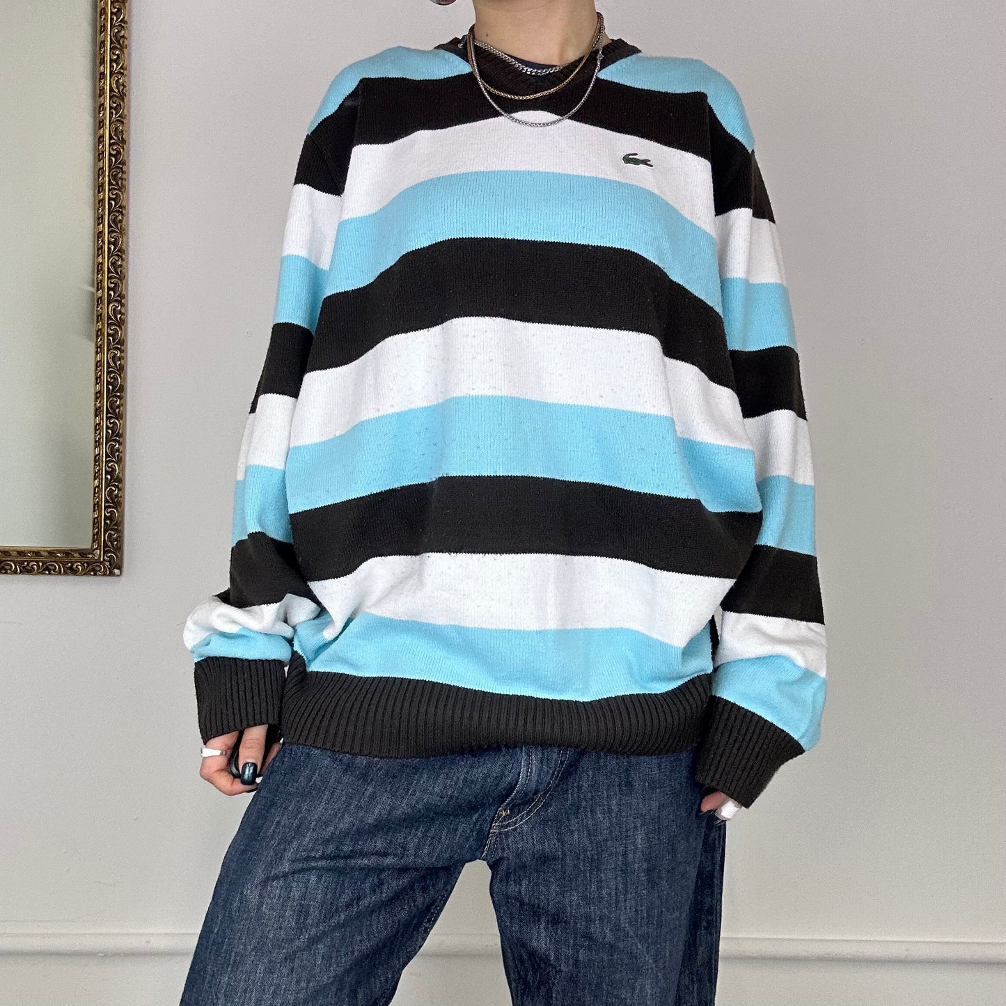 stripy lacoste v neck jumper