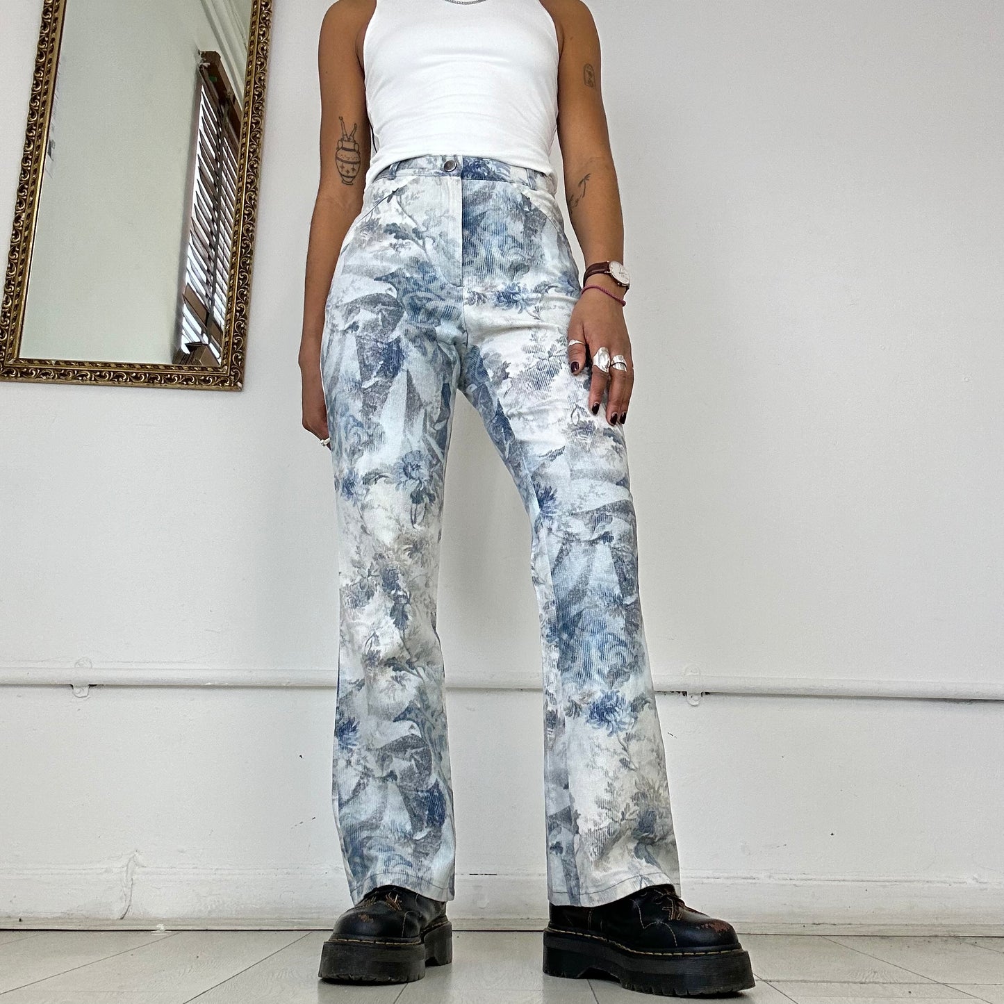 floral blue and white straight leg jeans