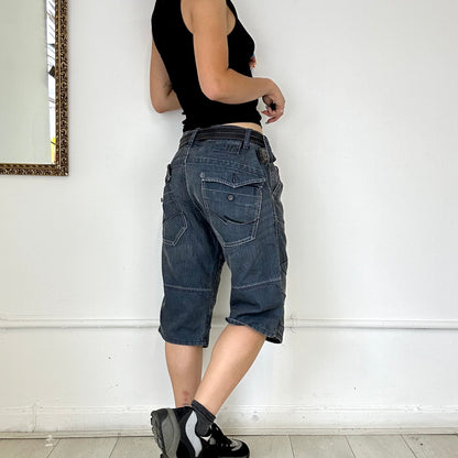 vintage dark wash long denim cargo shorts