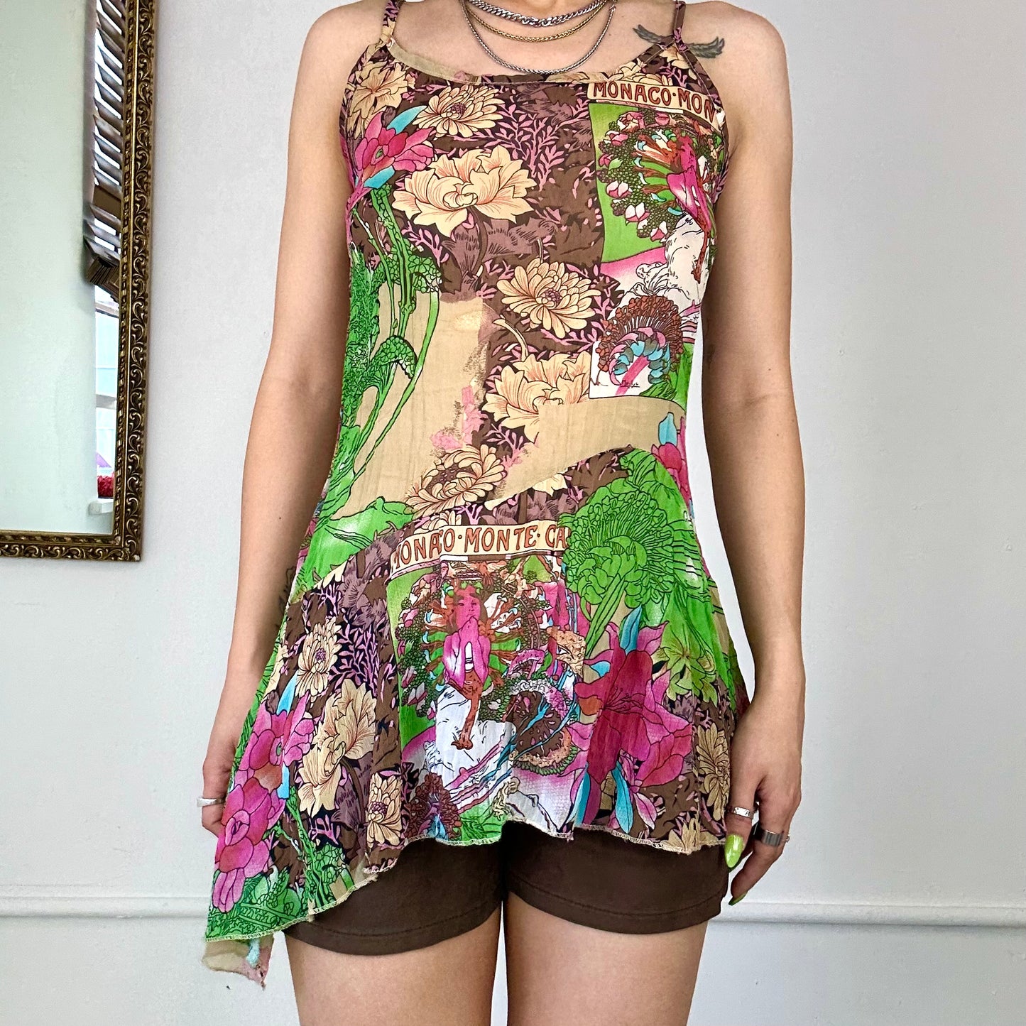 2000's graphic print mesh micro dress