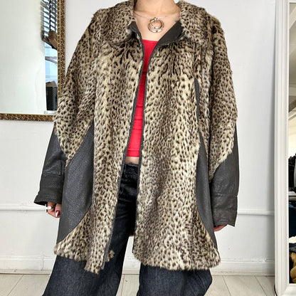 vintage fur cheetah print coat with leather detailing