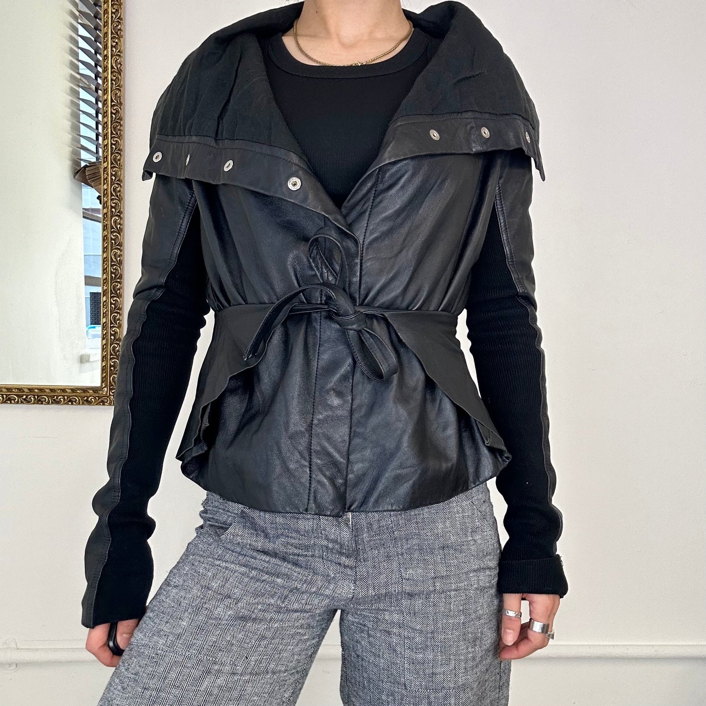 vintage black asymmetric leather jacket