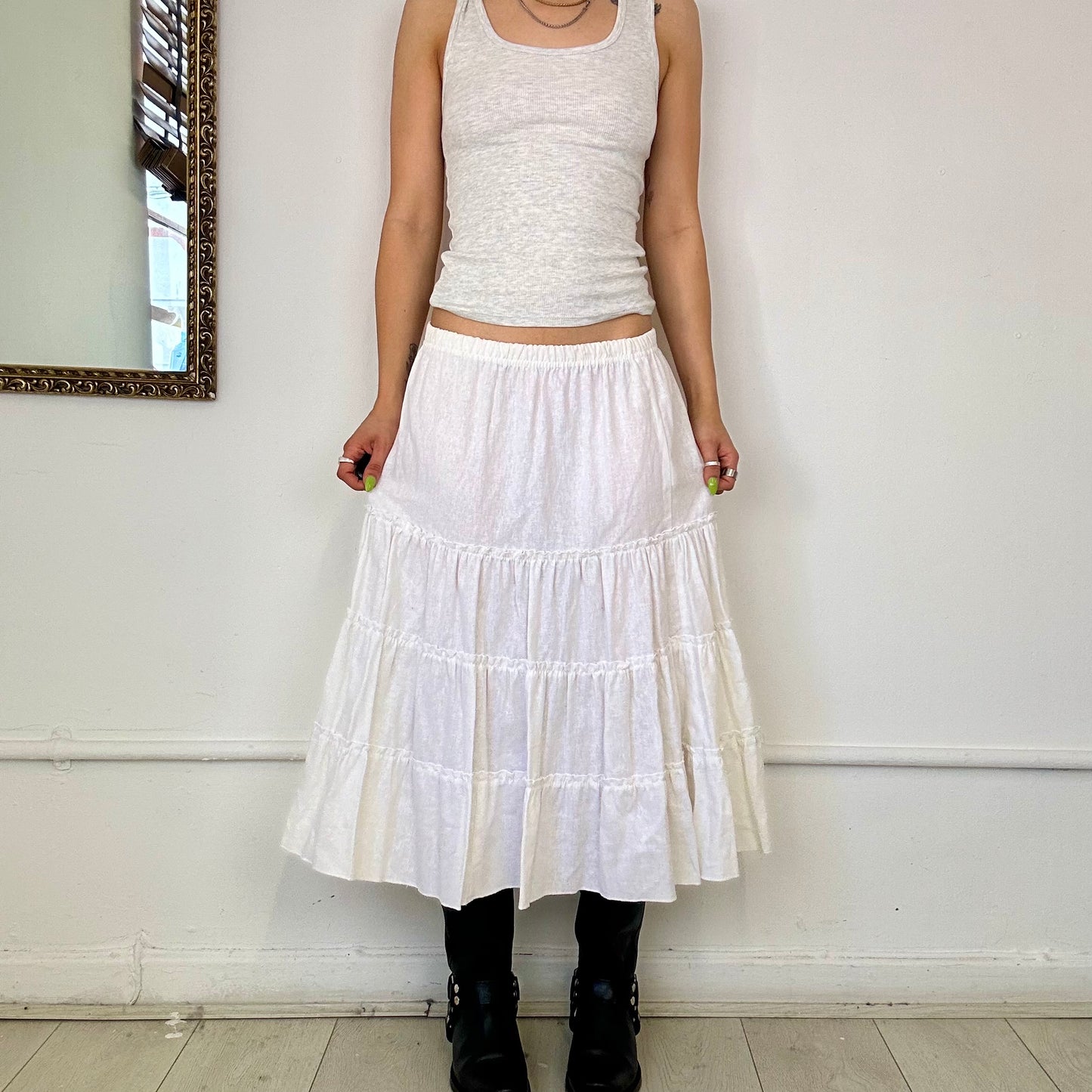 vintage white tiered midi linen skirt