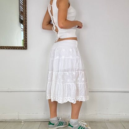 white tiered flowy midi skirt