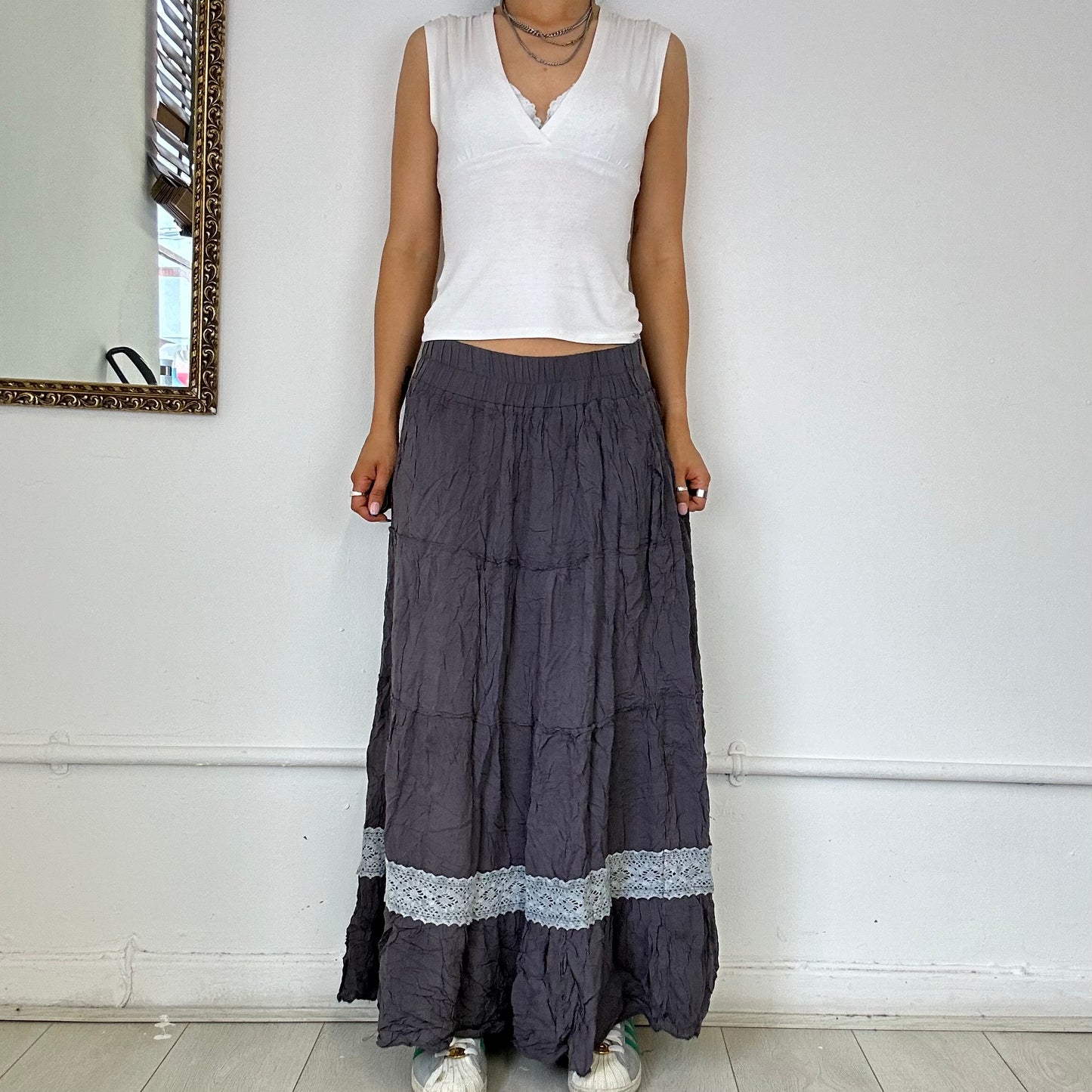 grey tiered flowy maxi skirt