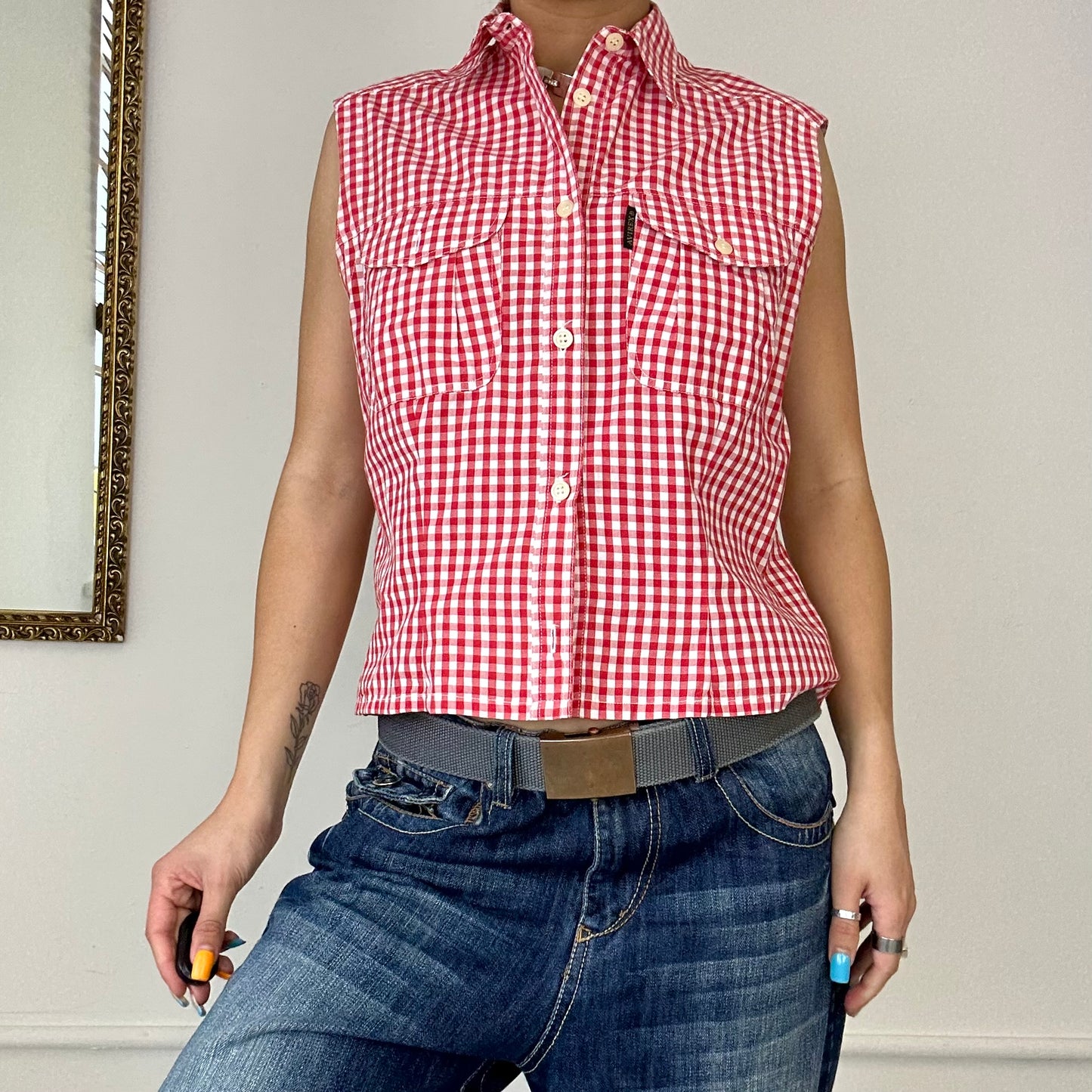 avirex red gingham sleeveless blouse