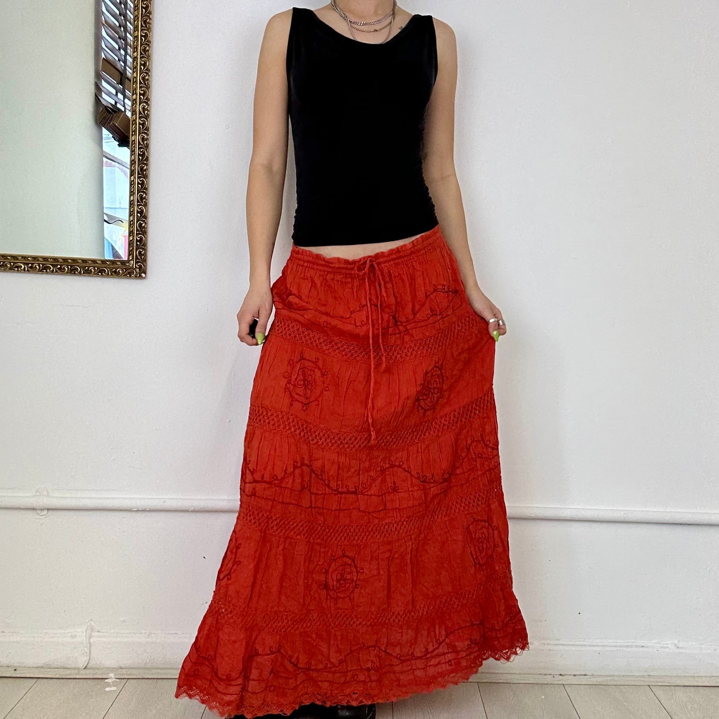 burnt orange 2000's tiered maxi skirt