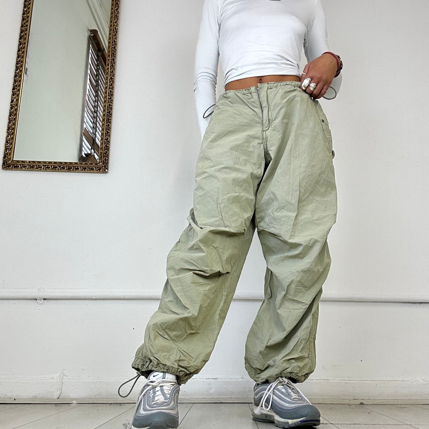 khaki parachute cargo trousers