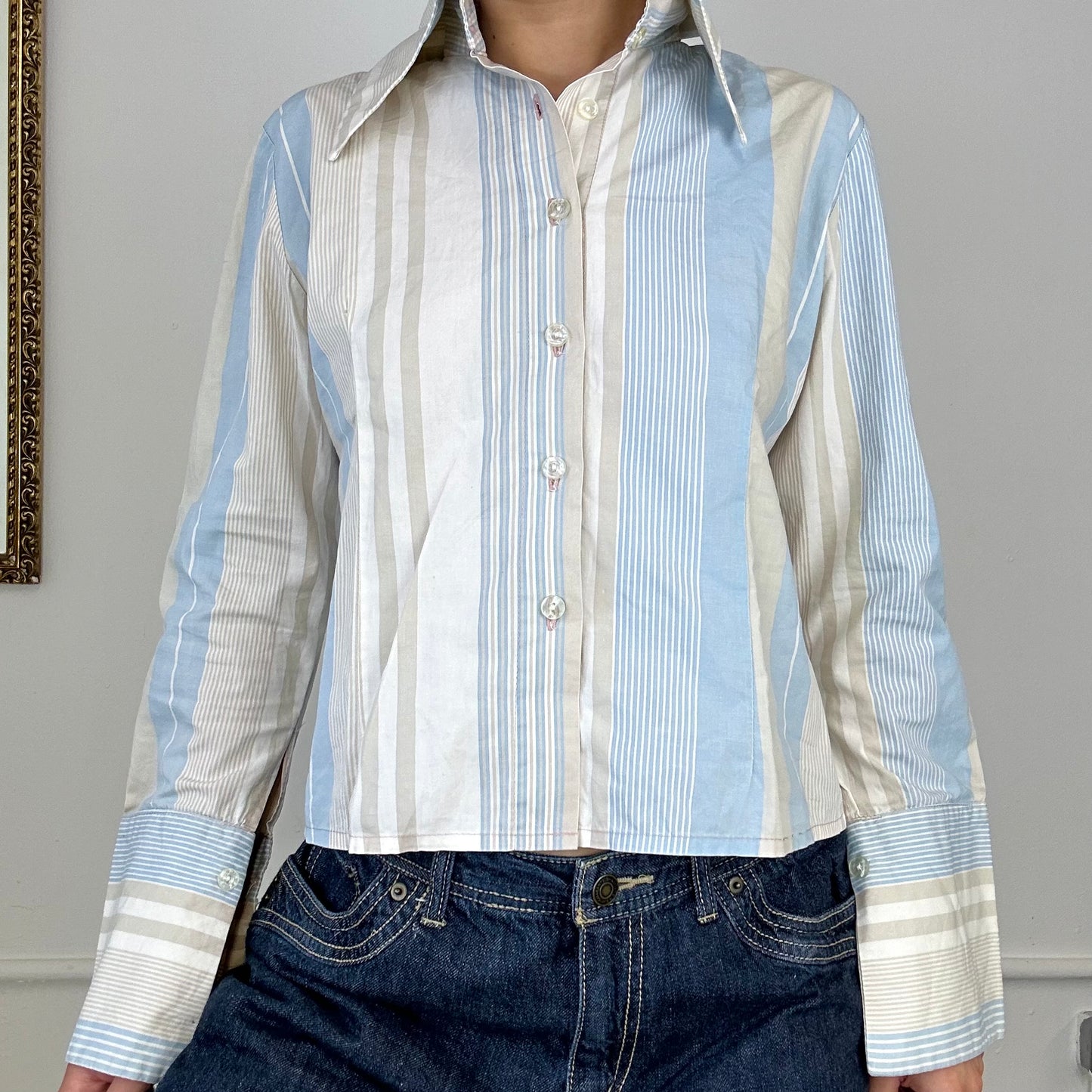 90's button up blue striped blouse