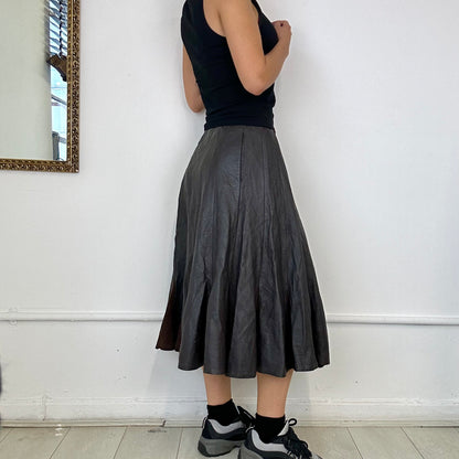 vintage brown pleated leather midi skirt