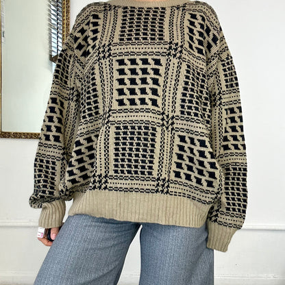 brown lambs wool patterned knitted jumper