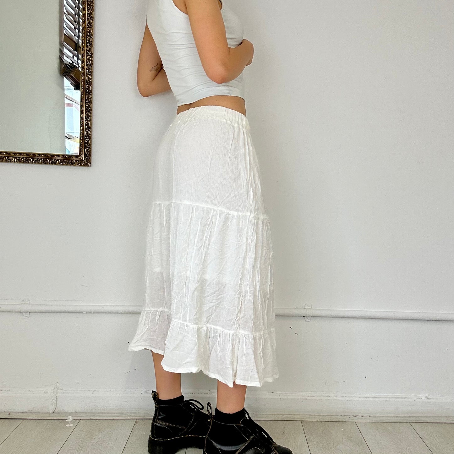 white flowy midi skirt