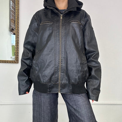 guess black hooded leather bomber jacket