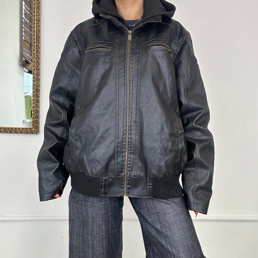 guess black hooded leather bomber jacket