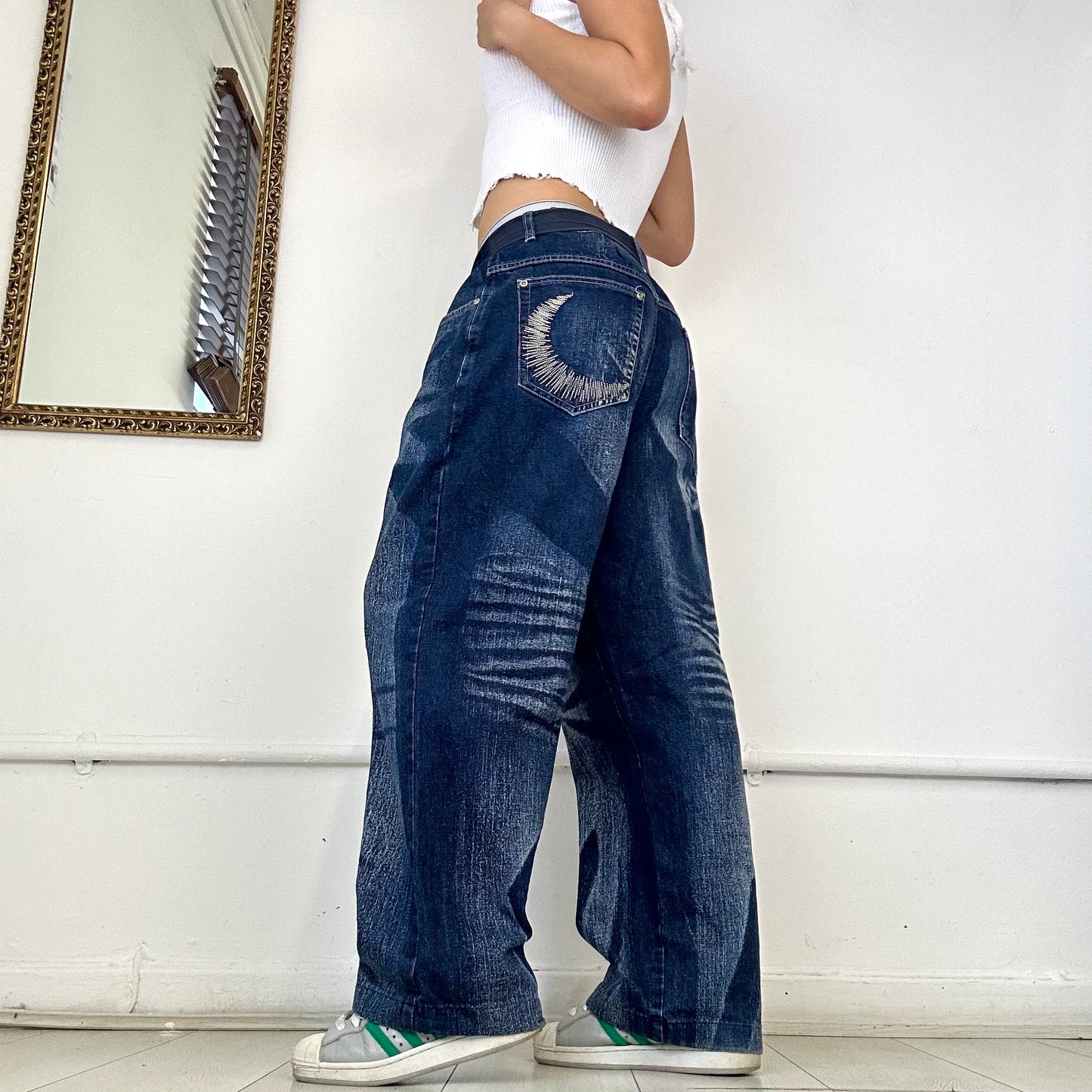 vintage two tone dark wash baggy  jeans