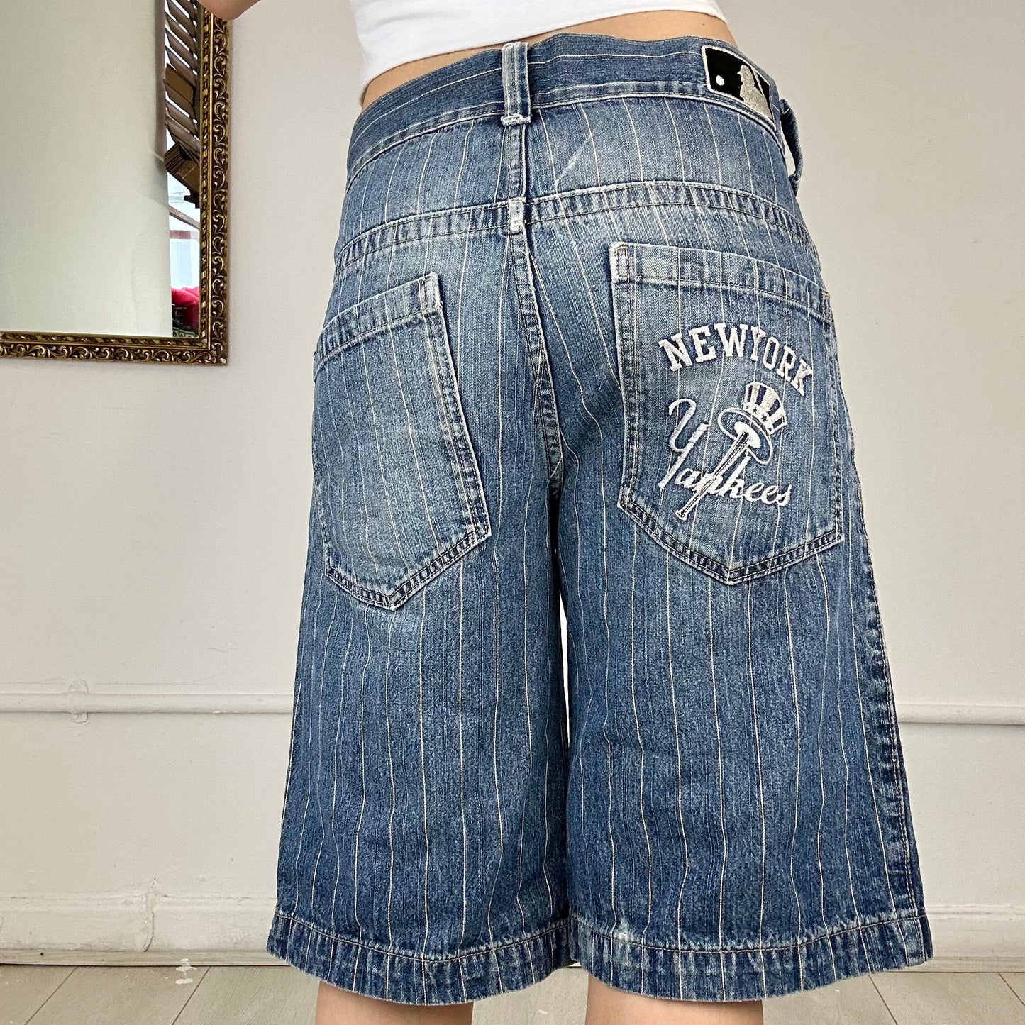 new york yankees pinstripe denim shorts