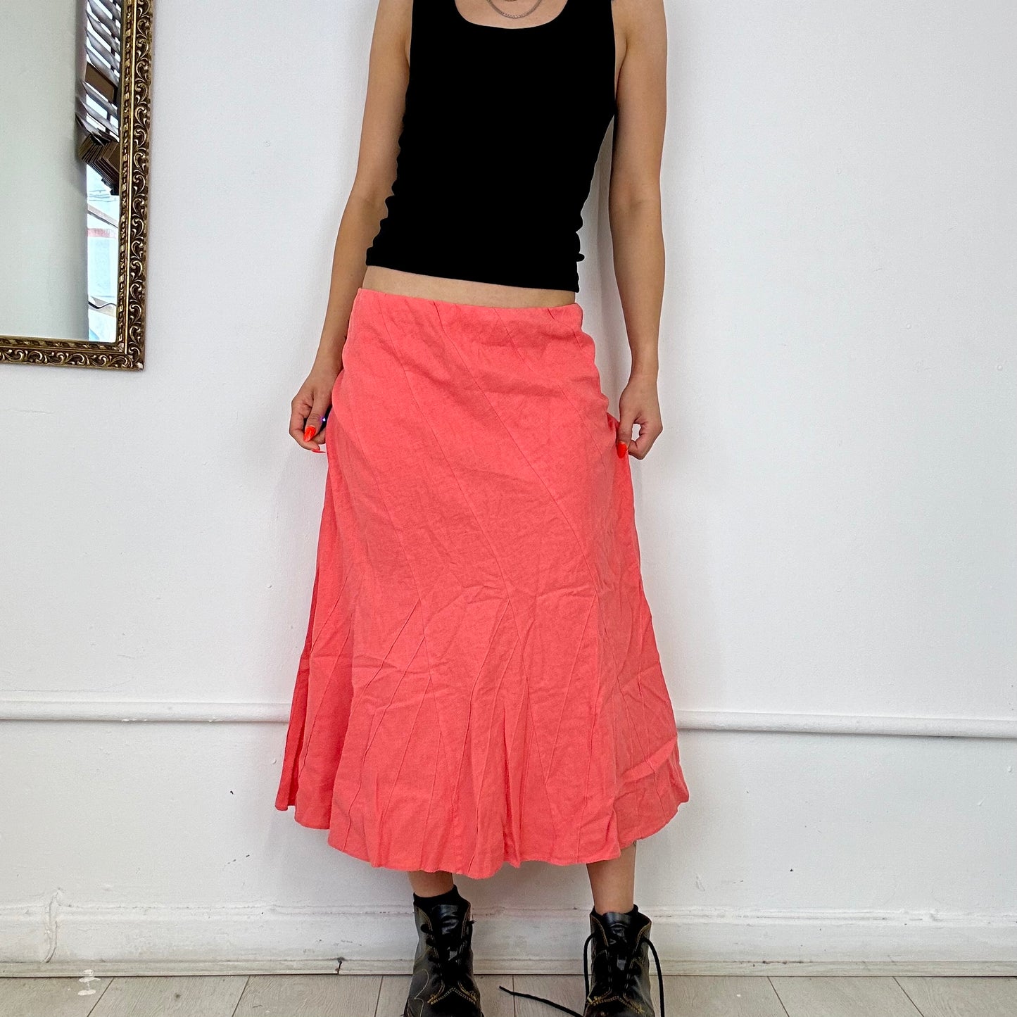 00s pink linen midi skirt