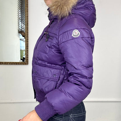 vintage moncler purple zip up hooded puffer coat