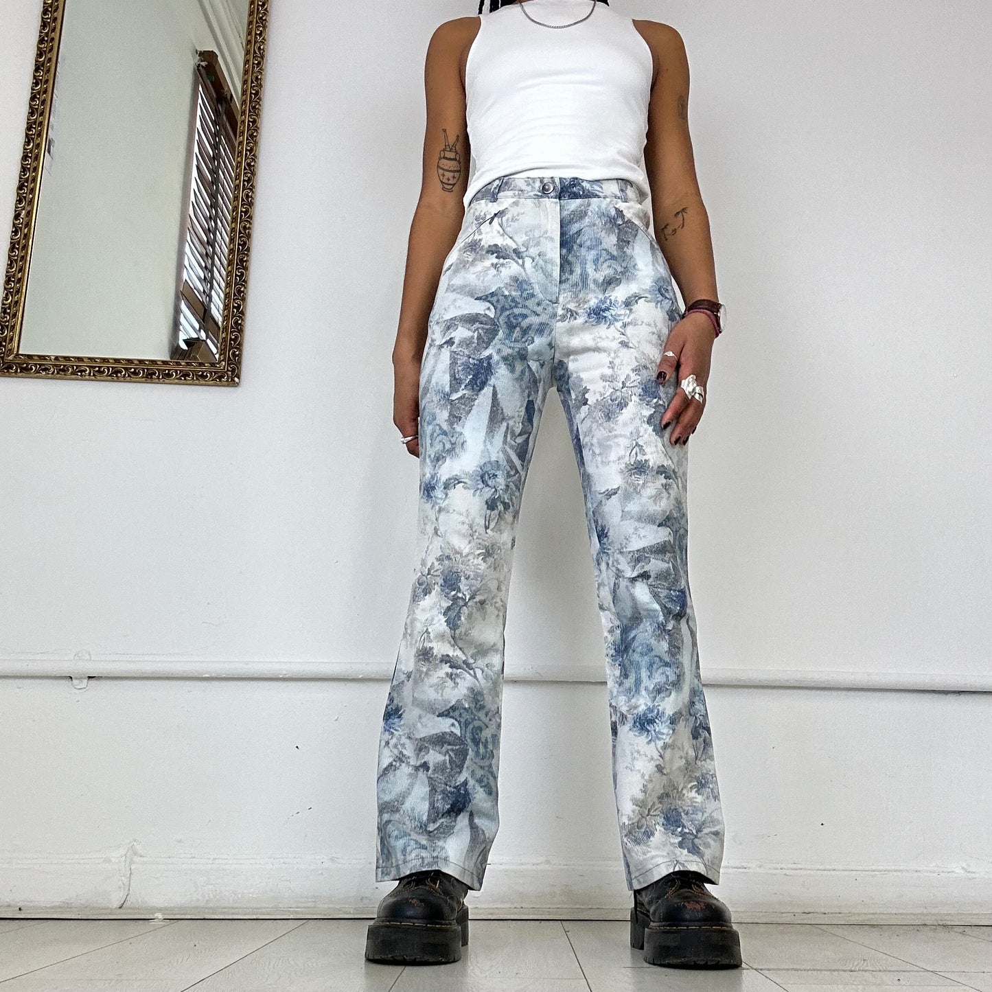 floral blue and white straight leg jeans