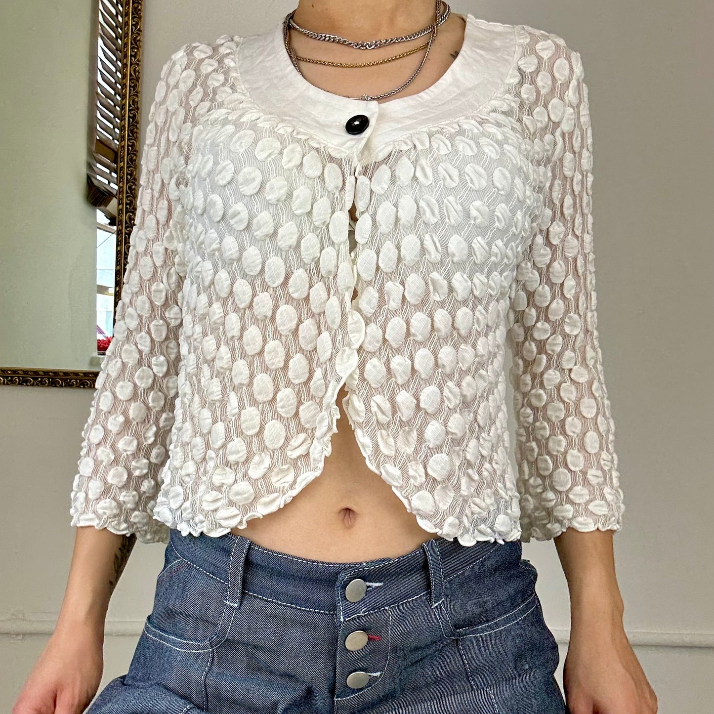 white textured button up blouse