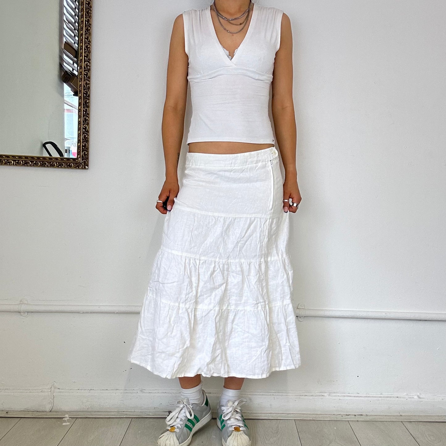 white tiered midi skirt