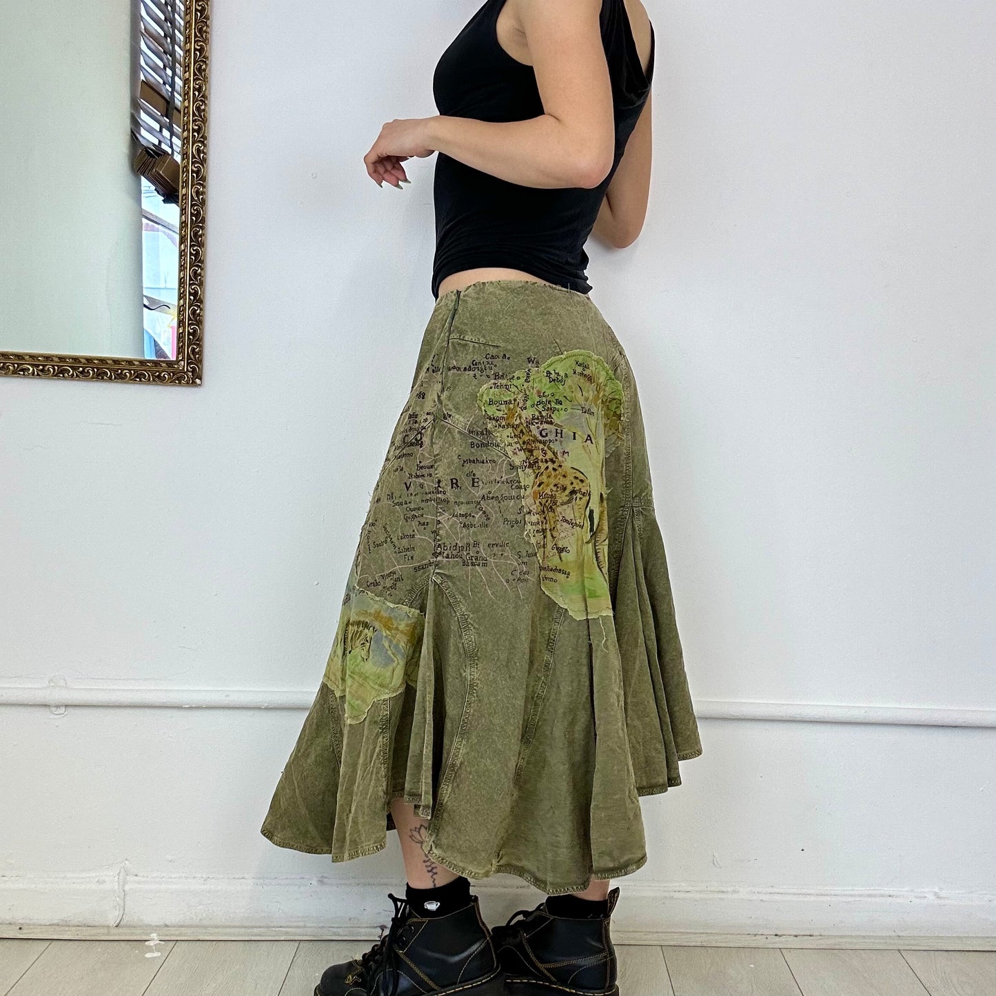 khaki asymmetric midi skirt