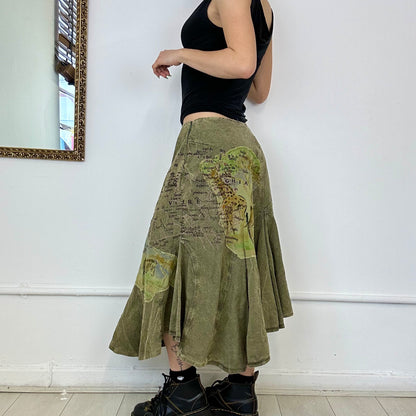 khaki asymmetric midi skirt