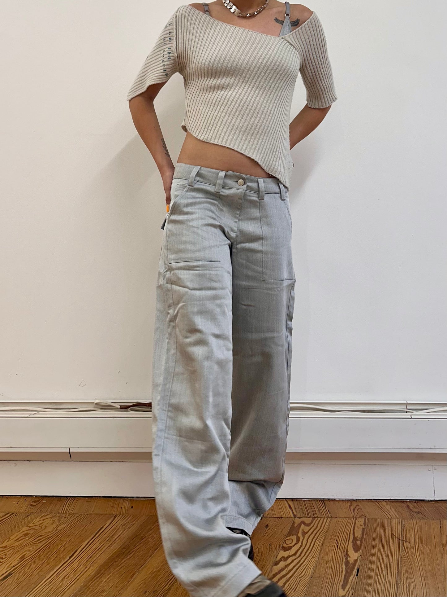 the slouch in shiny grey denim