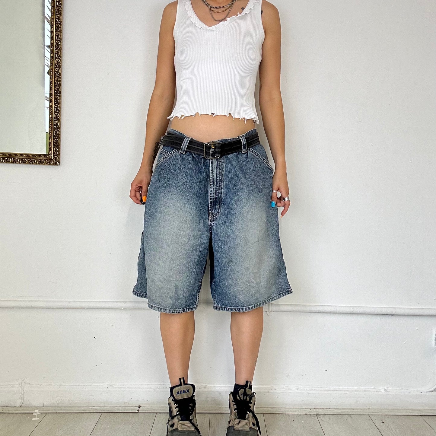 two tone baggy denim shorts