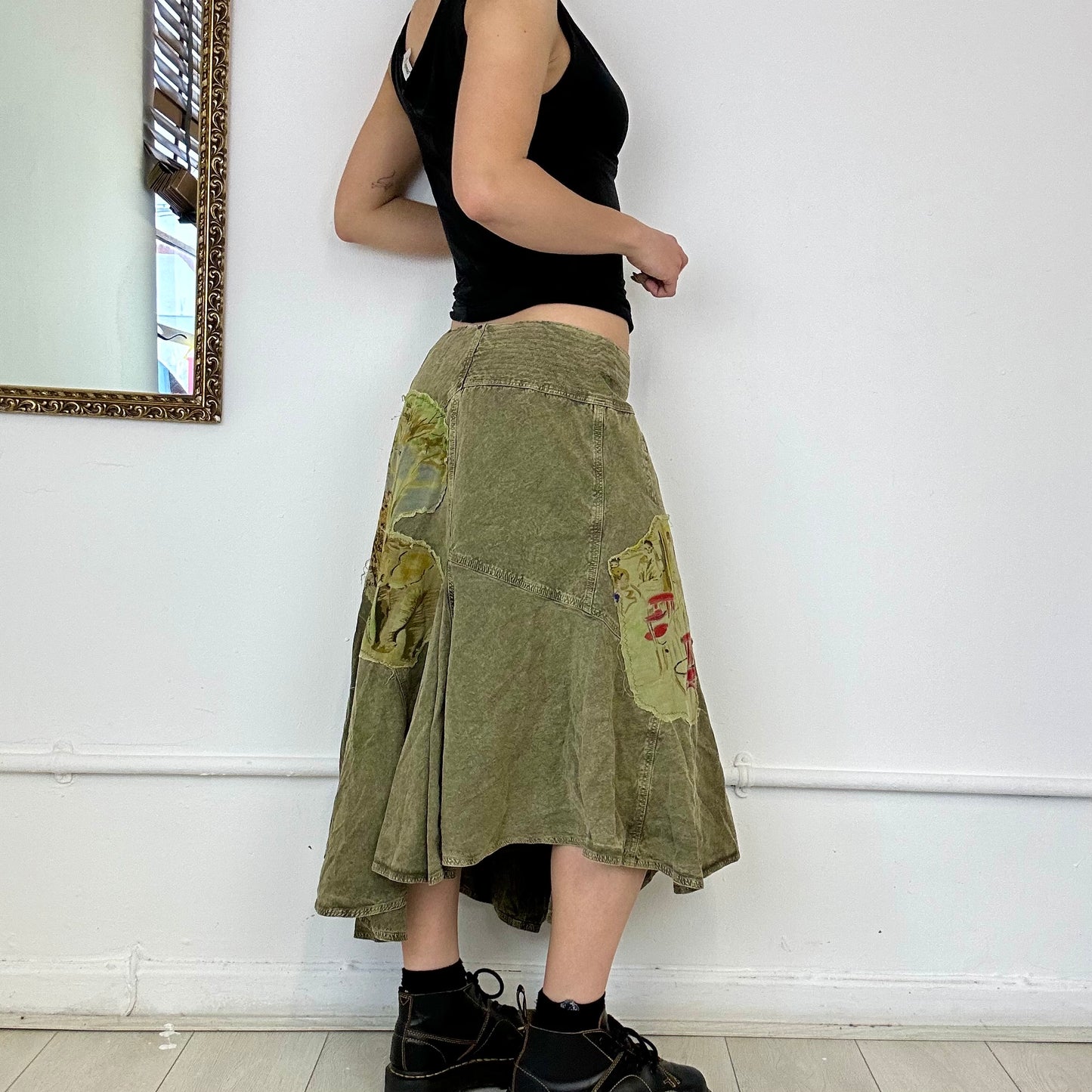 khaki asymmetric midi skirt