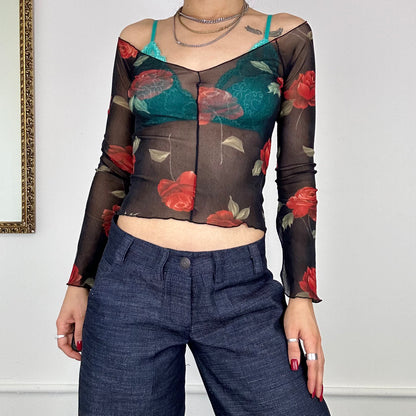 2000’s rose print mesh top