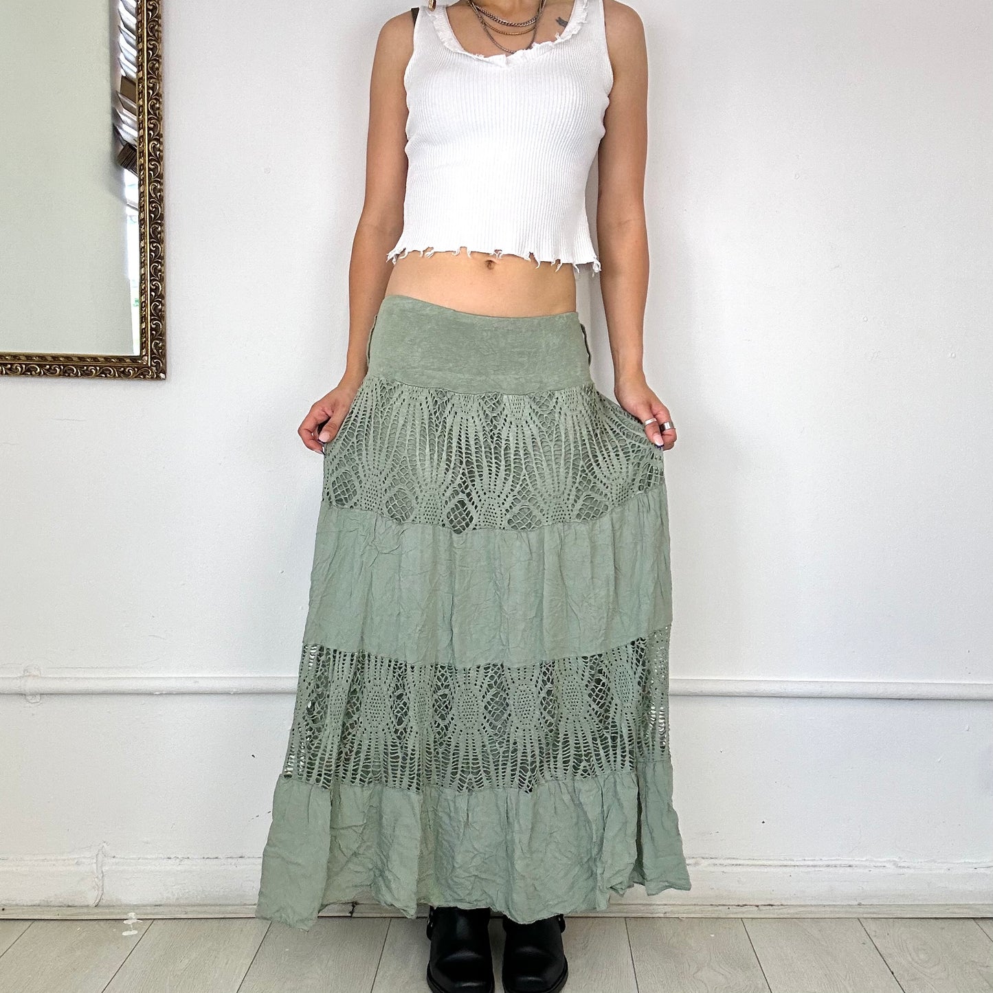 green tiered maxi skirt