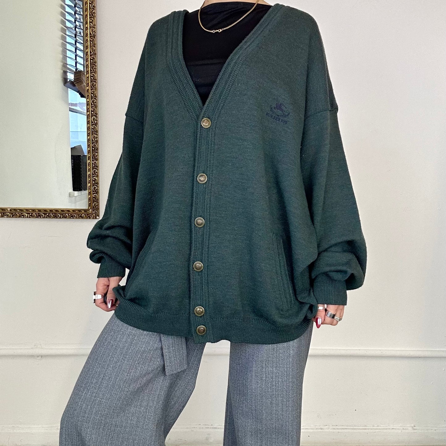 burberrys green wool knitted button up cardigan