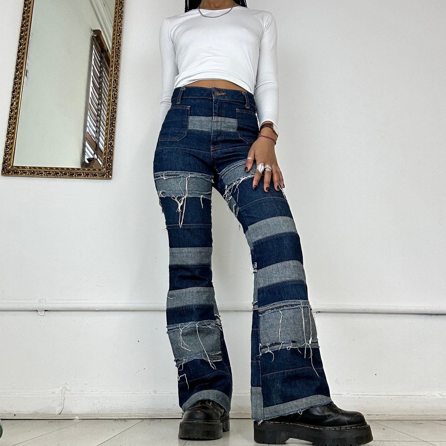 patchwork distressed denim flares