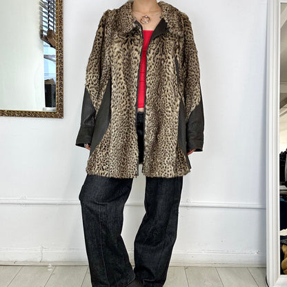 vintage fur cheetah print coat with leather detailing