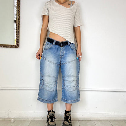 light wash long denim shorts