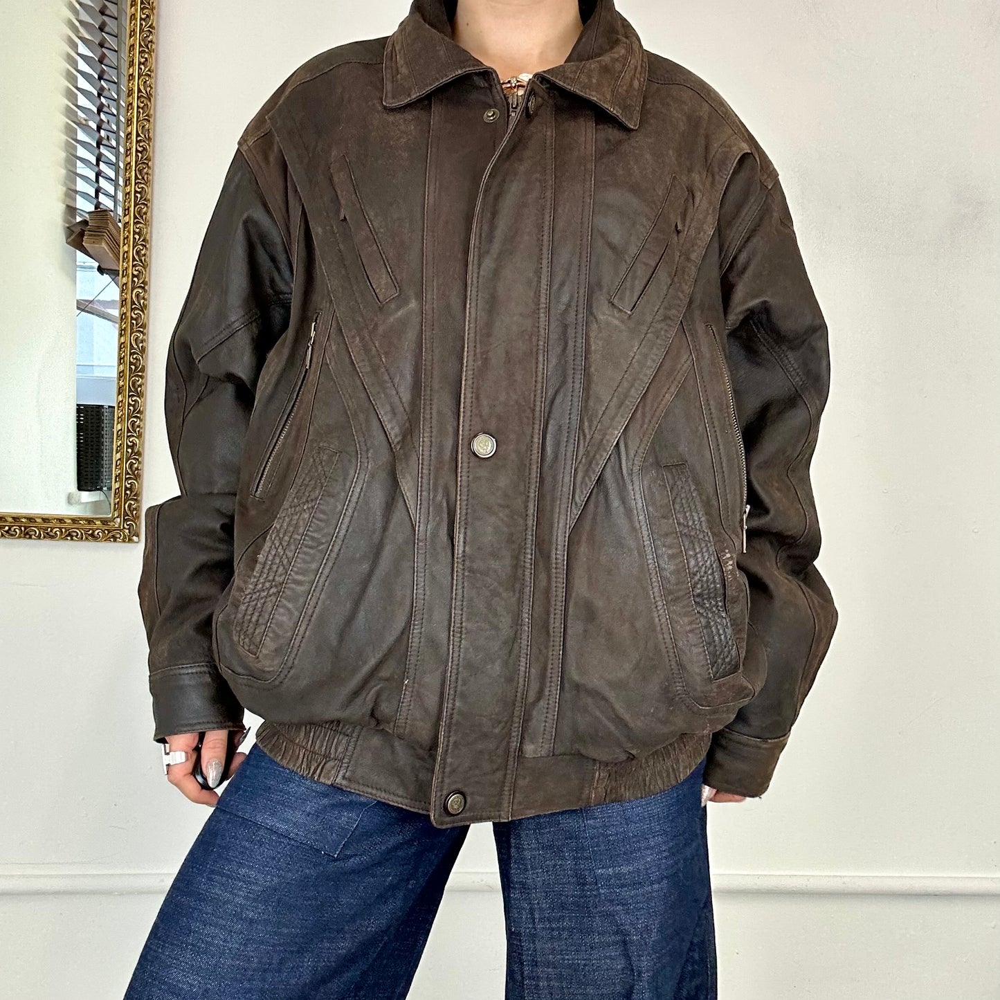 vintage brown leather bomber jacket