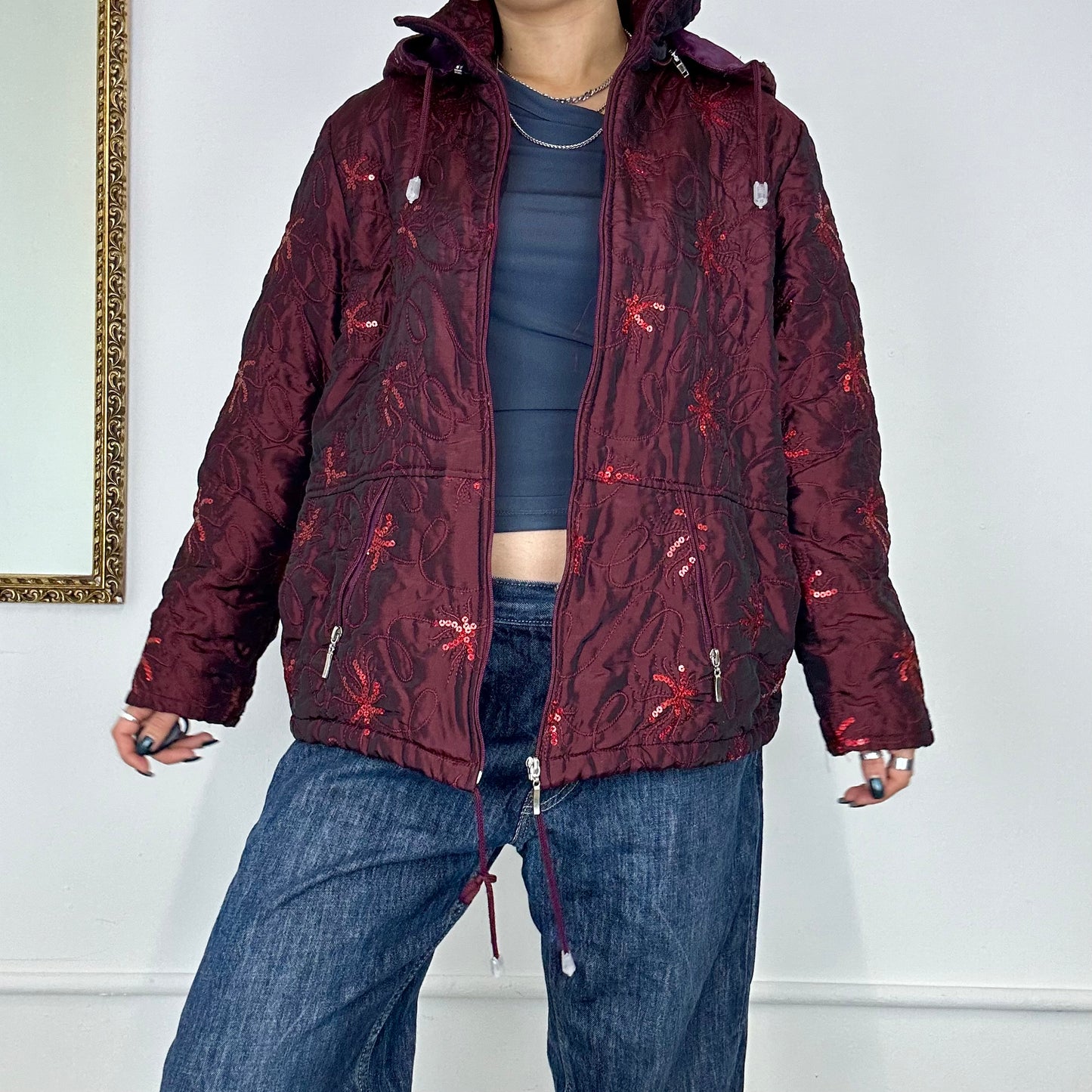 red sequined zip up puffer jacket