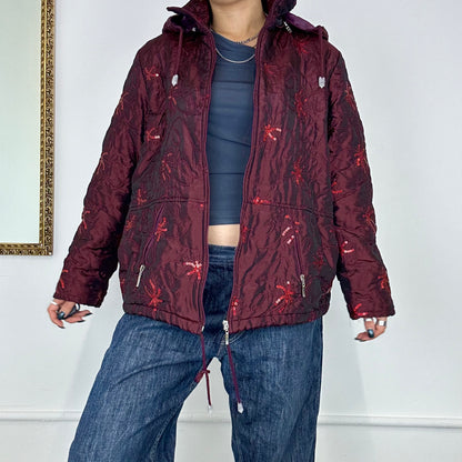 red sequined zip up puffer jacket