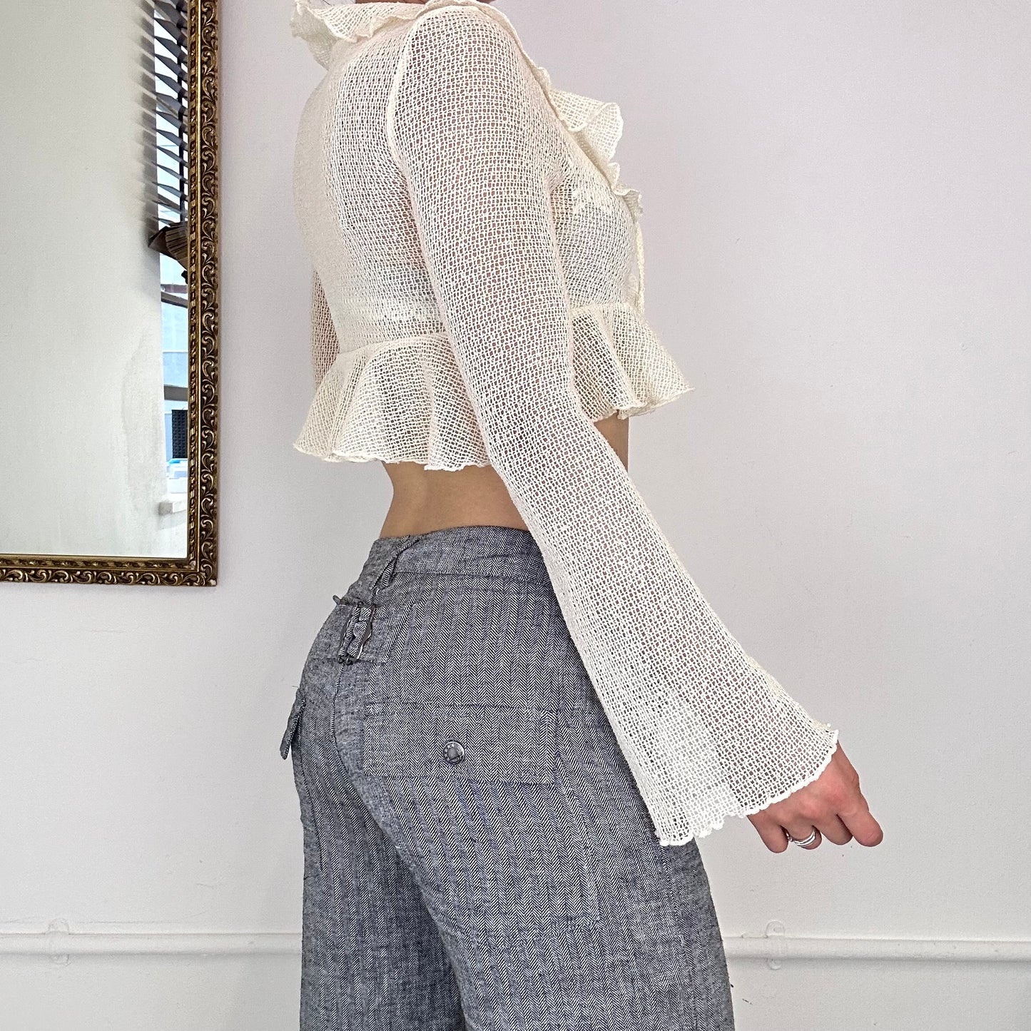 vintage loose knit cream tie up top