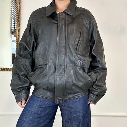 vintage black leather bomber jacket