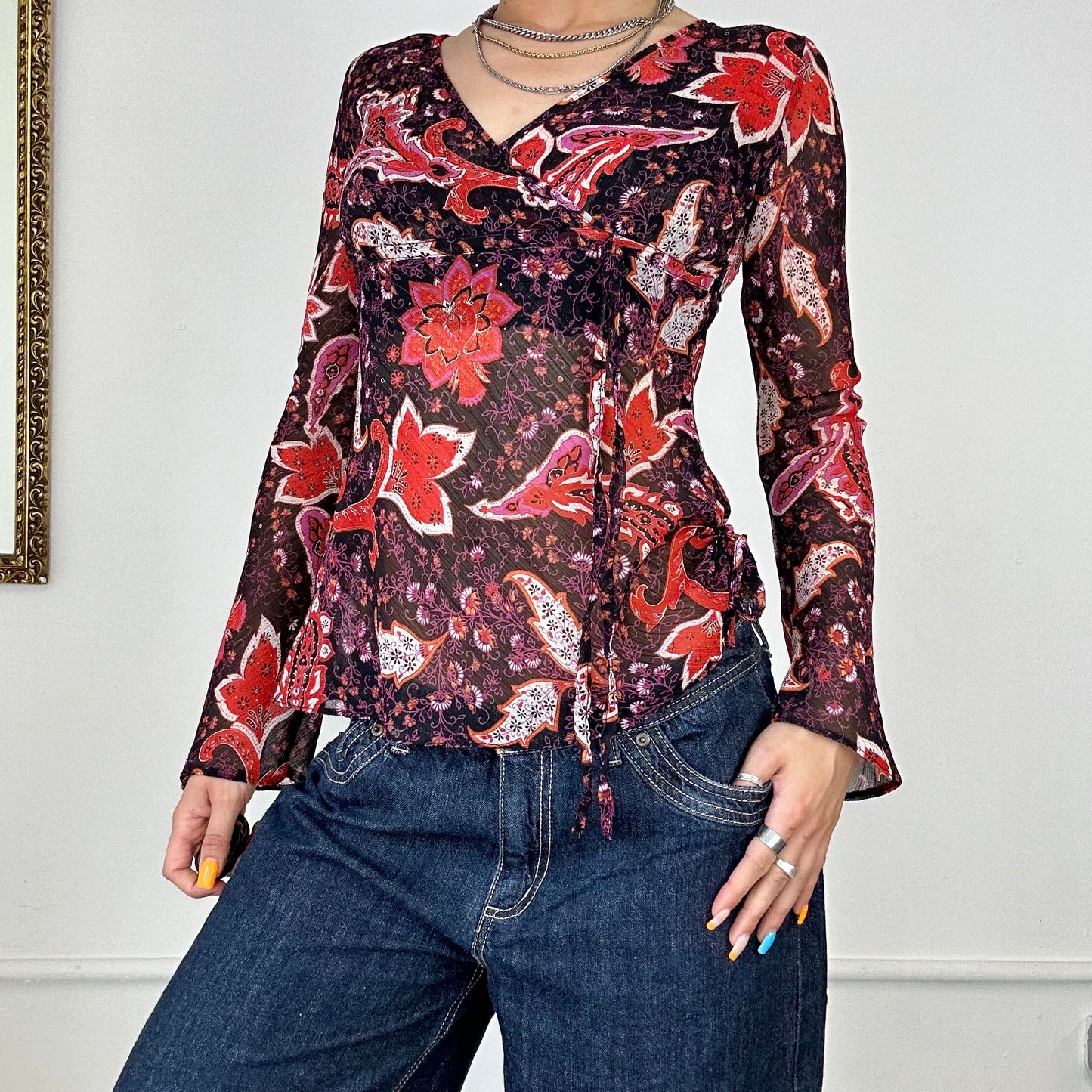 00’s sheer floral ruched shirt