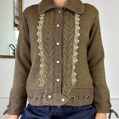 90's brown knitted zip up cardigan