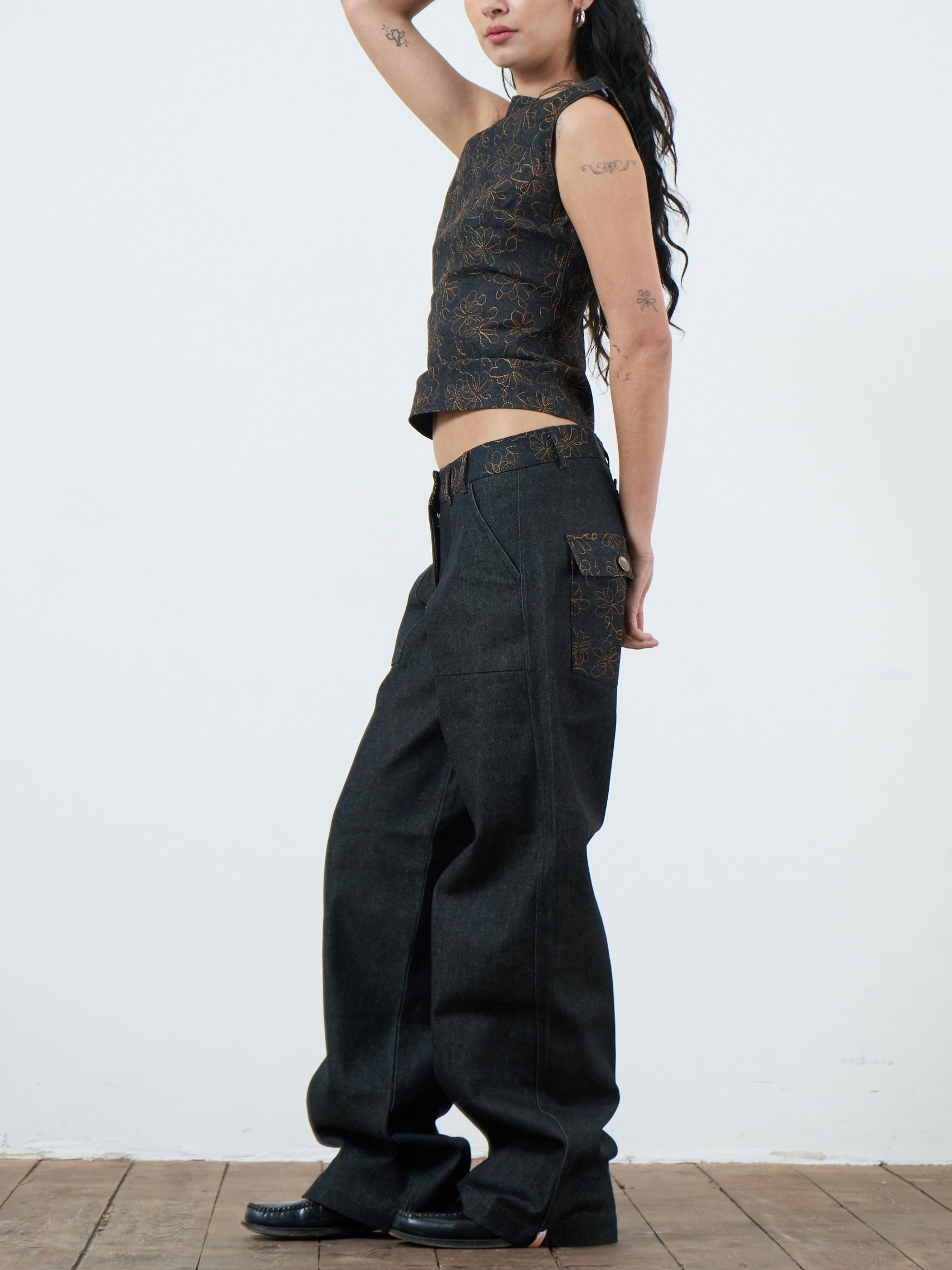 slouch jean - embroidered charcoal denim