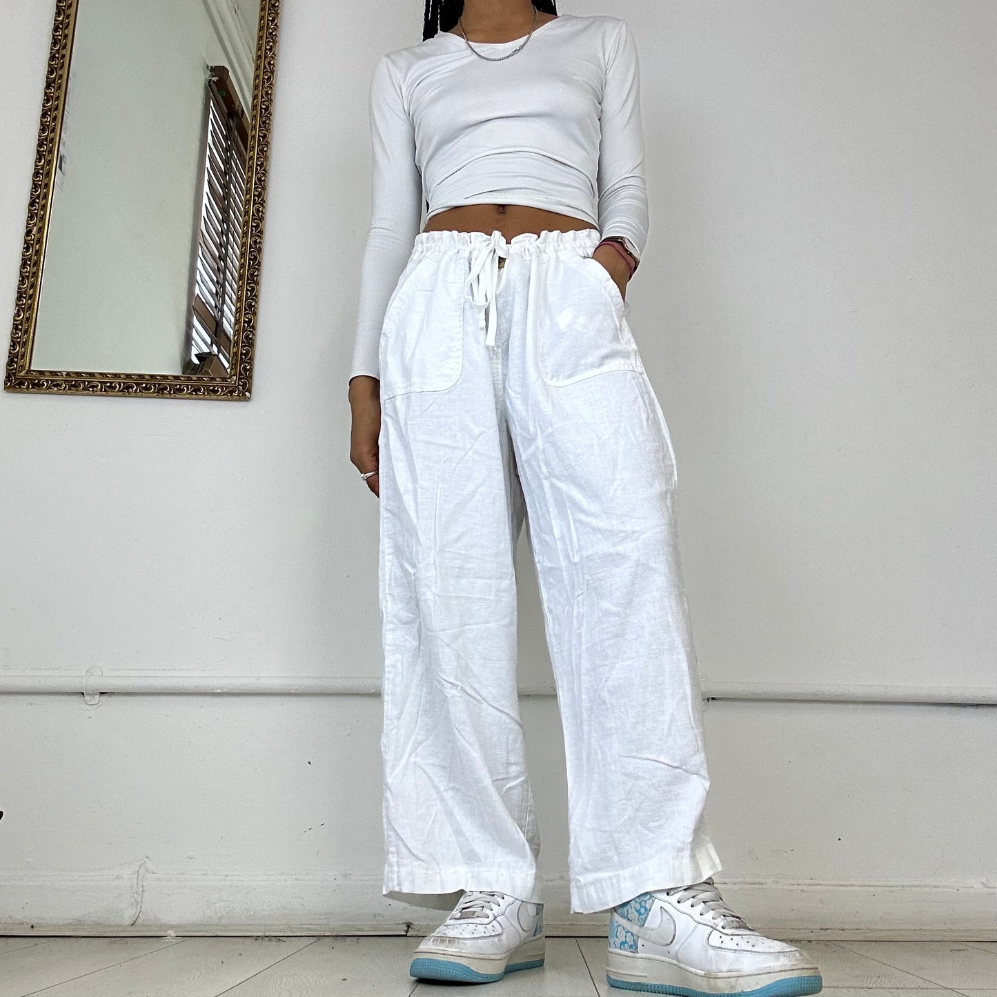 white wide leg linen trousers