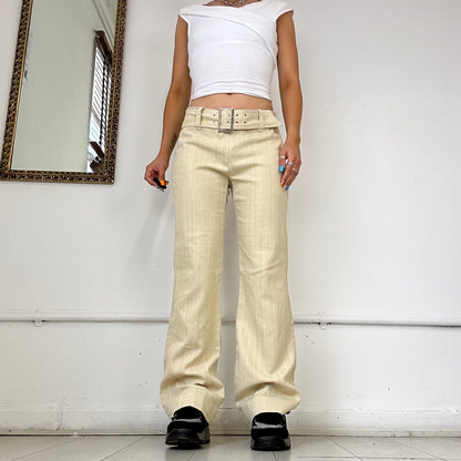 beige striped linen flared trousers